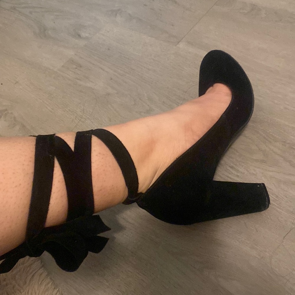 black velvet block heels